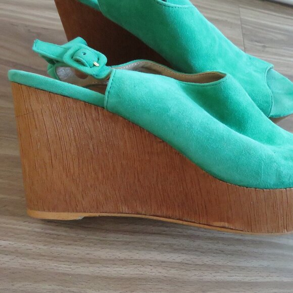 ANTHROPOLOGIE Bow Back Wooden Wedge Peeptoe Sandals in Kelly Green - Size US 10 - Picture 13 of 16